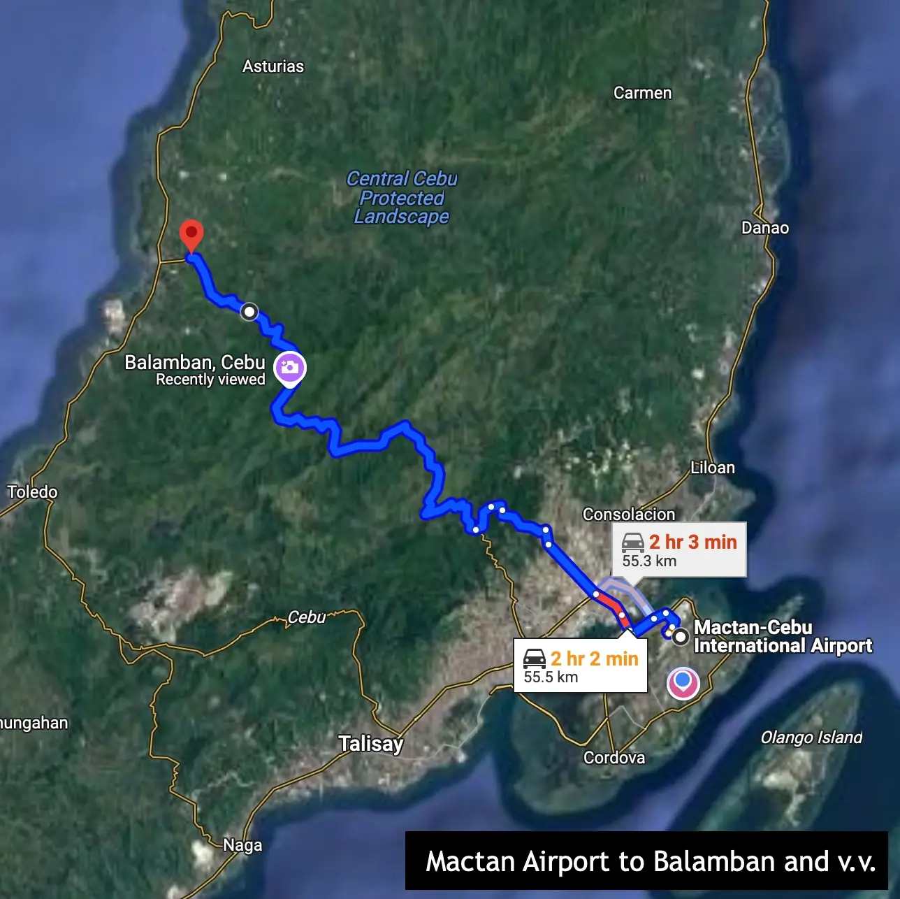 Route from Cebu Airport to Balamban via Transcentral Highway