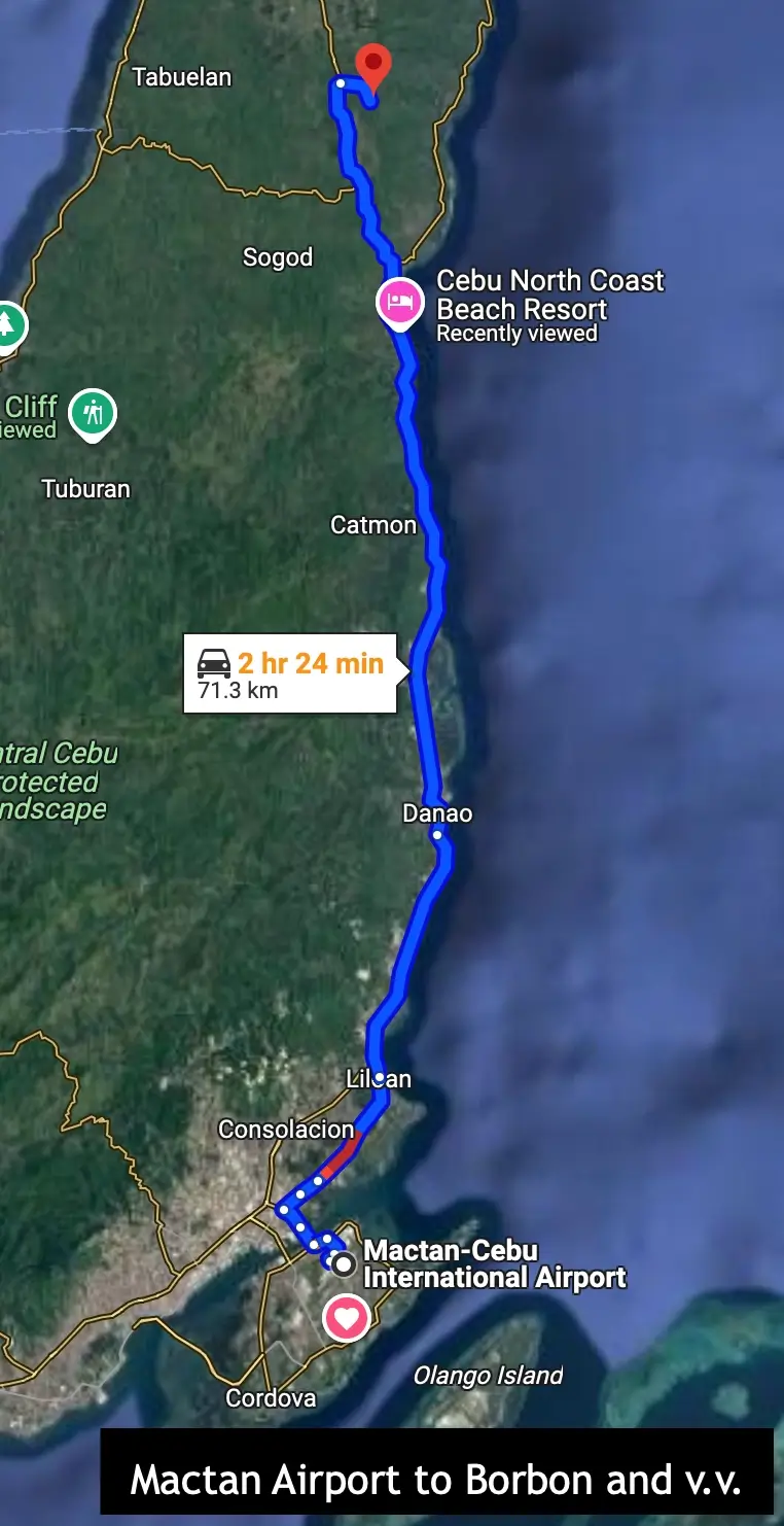 Route from Cebu Airport to Borbon, Cebu