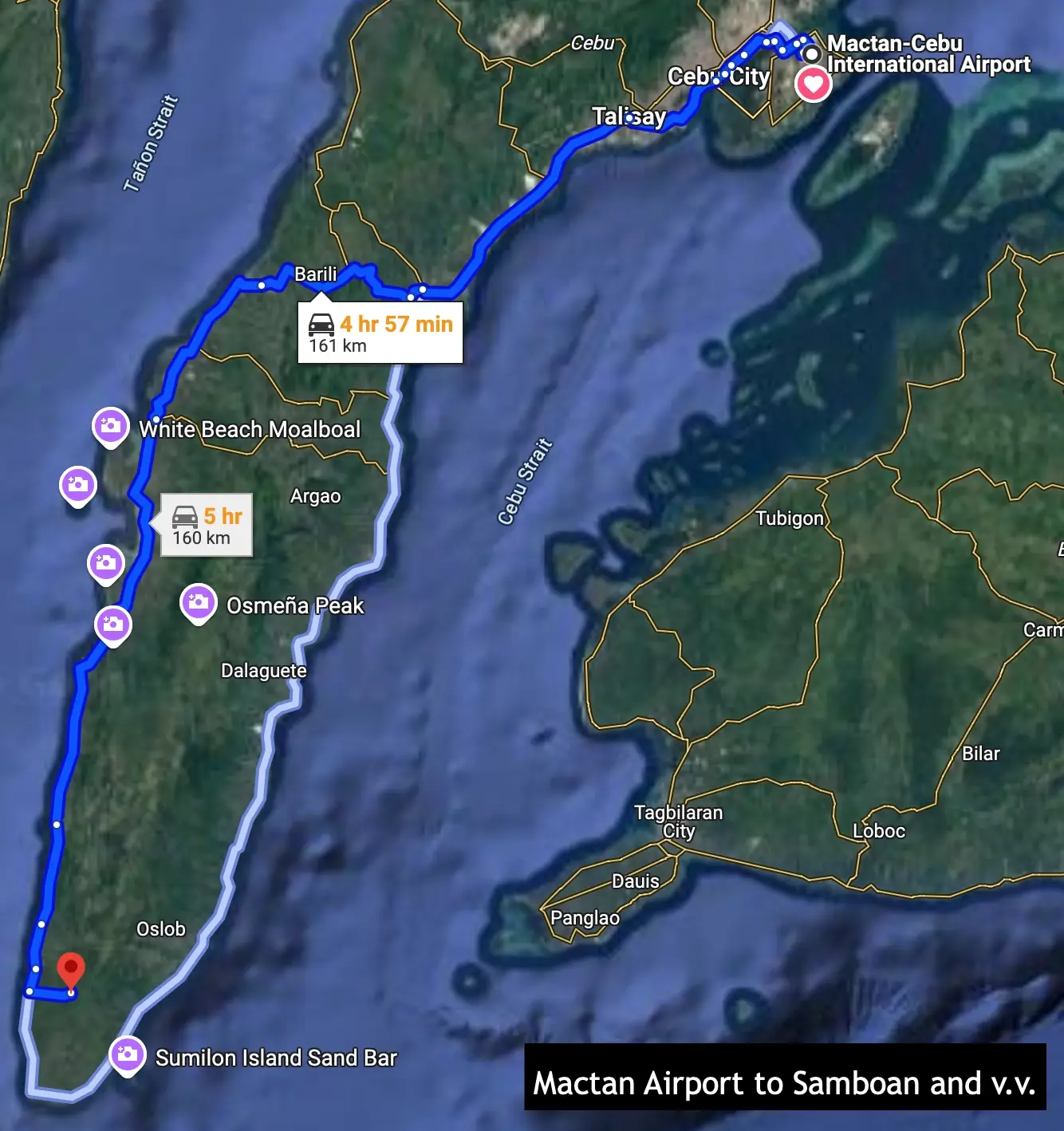 Route from Cebu Airport to Samboan, Cebu