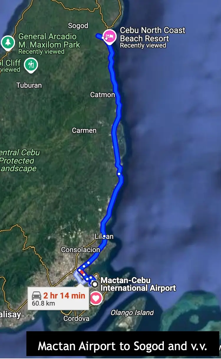 Route from Cebu Airport to Sogod, Cebu
