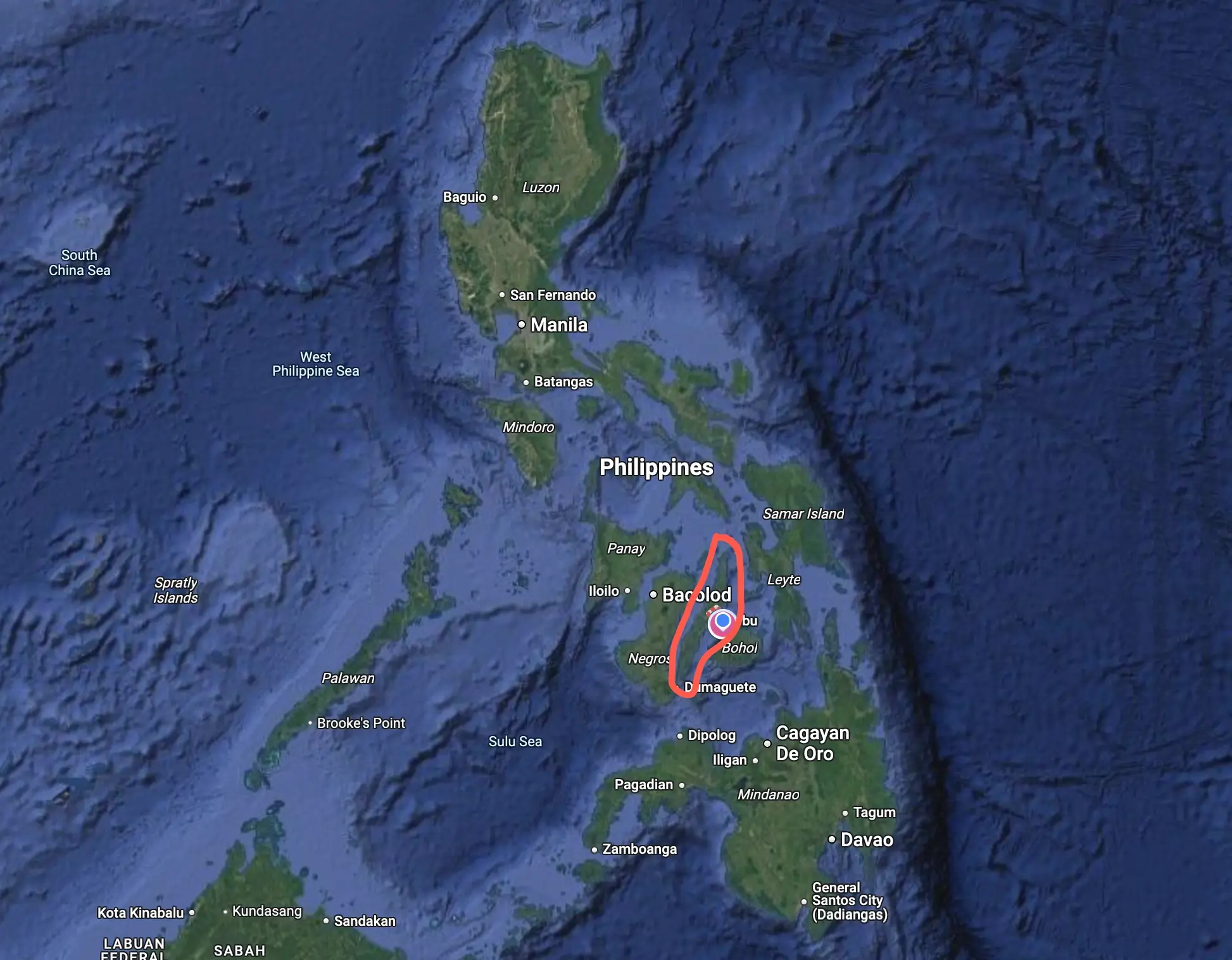 cebu in google maps is middle of the philippines