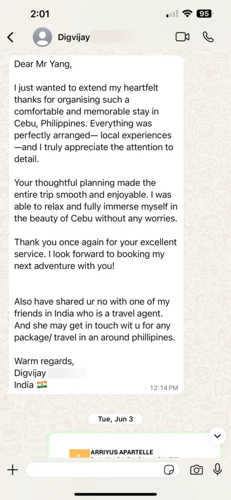 digvijay - guest testimonial for cebutouristtransfers