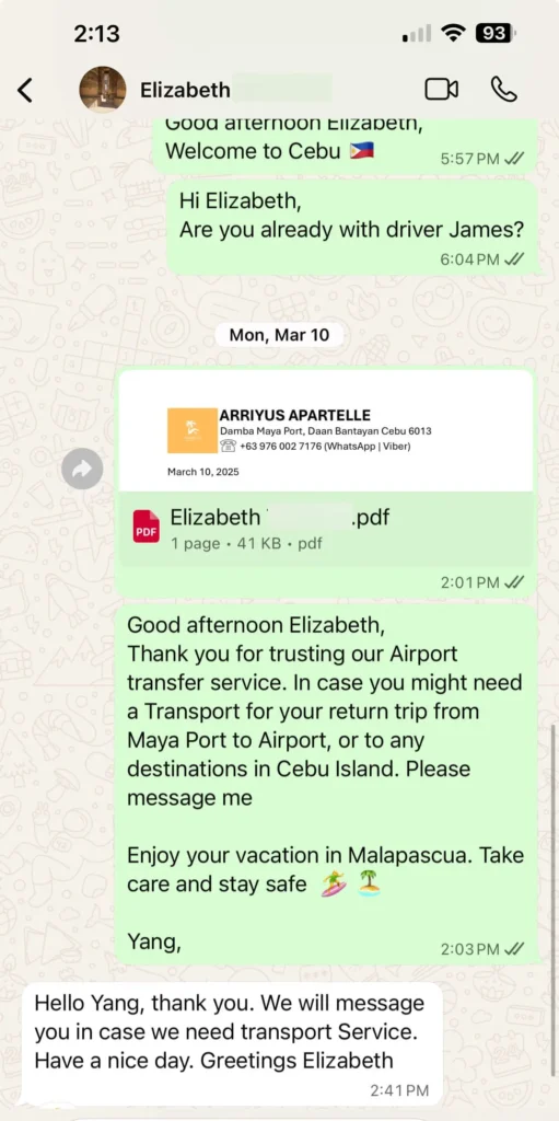 elizabeth - guest testimonial for cebutouristtransfers