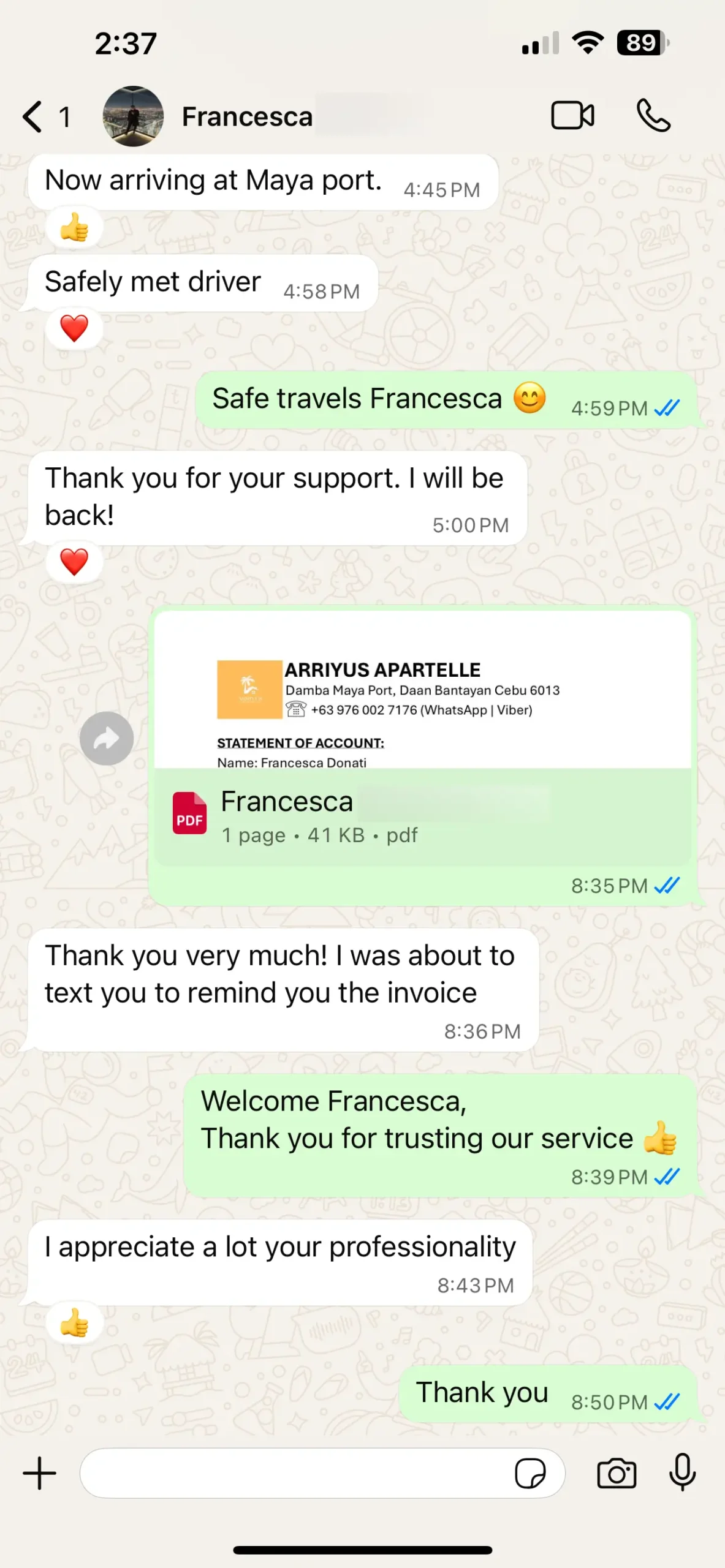 francesca - guest testimonial for cebutouristtransfers