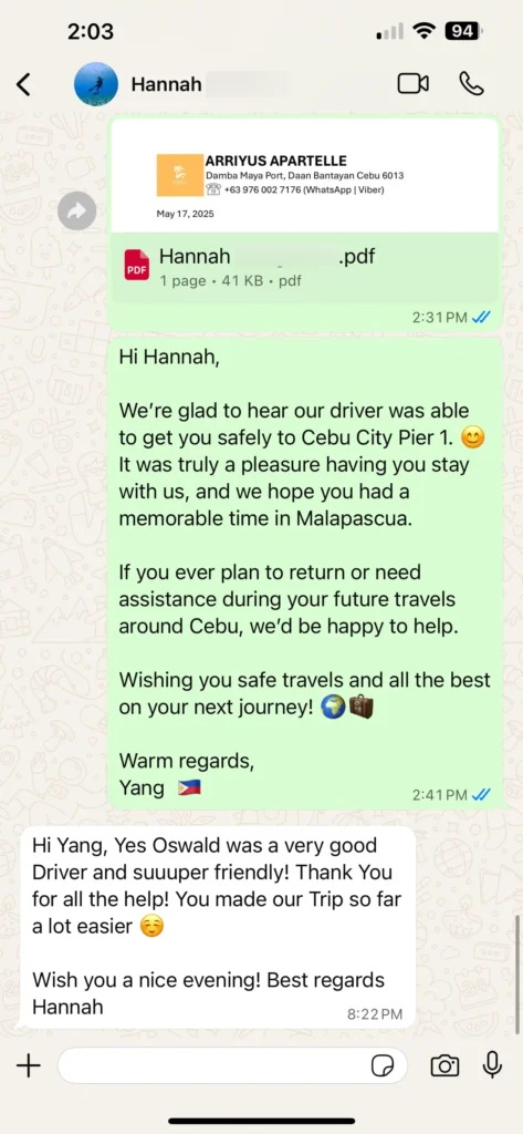 hannah - guest testimonial for cebutouristtransfers