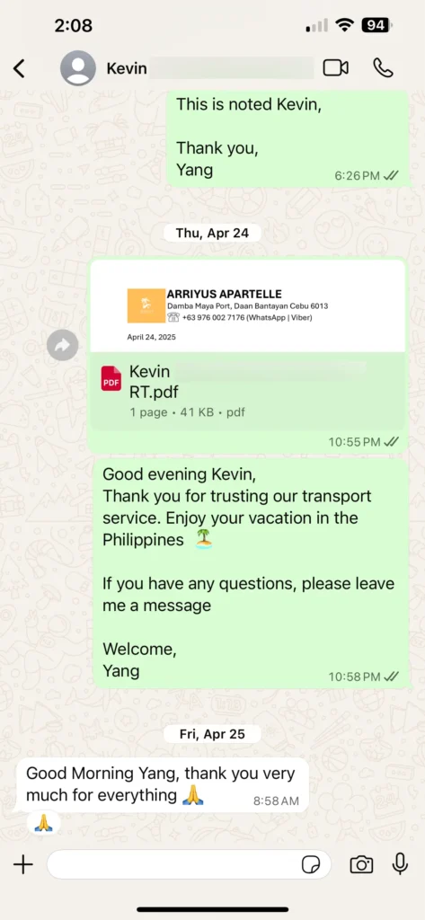 kevin - guest testimonial for cebutouristtransfers