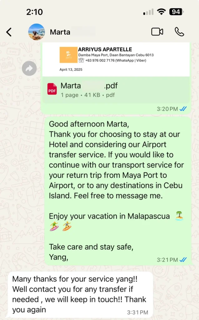 marta - guest testimonial for cebutouristtransfers