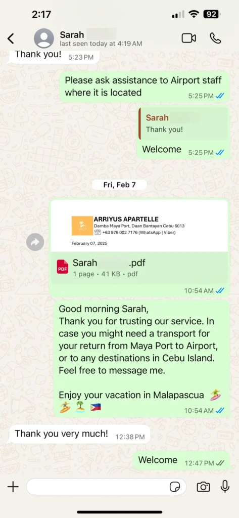 sarah - guest testimonial for cebutouristtransfers