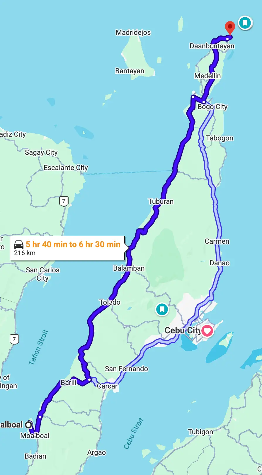 google maps showing distance between moalboal and malapascua